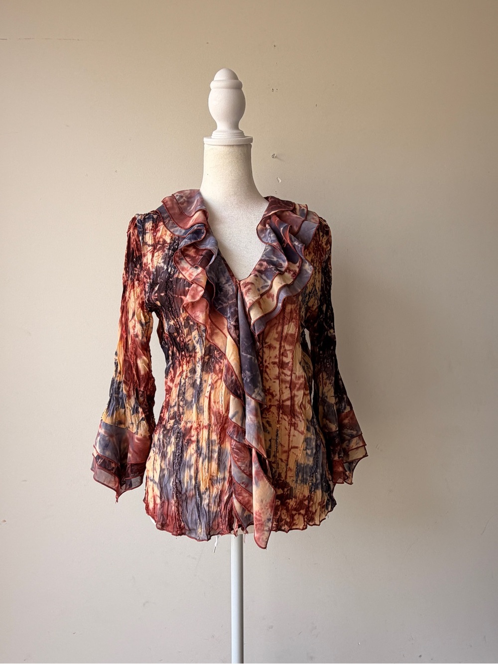 Jaipur Ruffled Tie-Dye Blouse in Rust, Blue & Cream